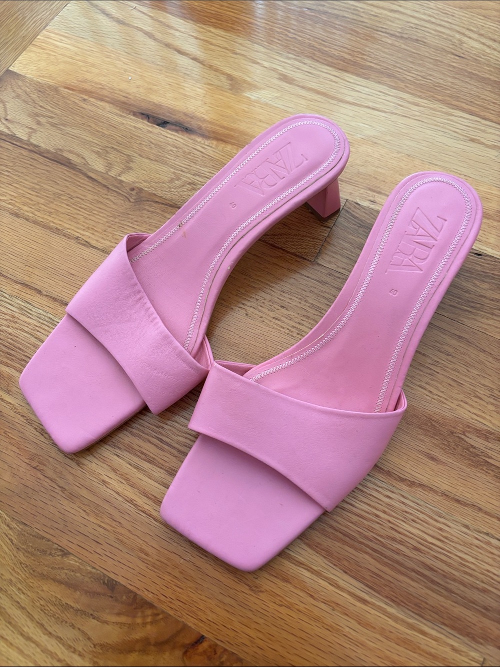 Zara Bubblegum Pink Square-Toe Mule Heels